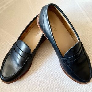 J. Crew Black Leather Penny Loafers with Brown Sole Trim